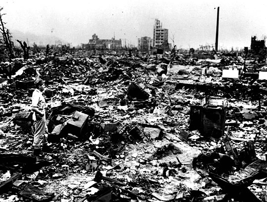 Atomic Bomb Damage. Atomic Bomb Damage. Ruins and debris scattered near 