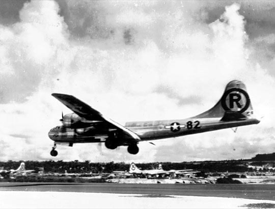 The Enola Gay returning from dropping the atomic bomb over Hiroshima.